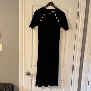 Michael Kors Black Midi Dress with Gold Buttons